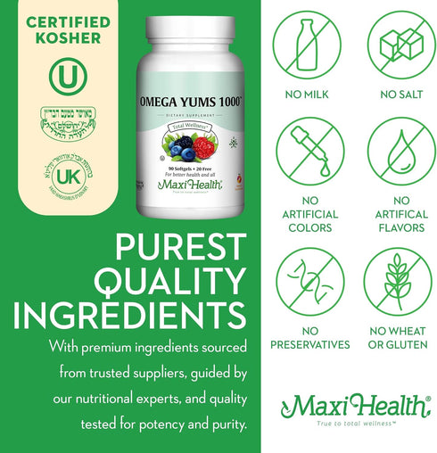 Maxi Health Omega Yums 1000 - Kid Friendly Fruity Burst Flavor - 110 Softgel Capsules - Kosher