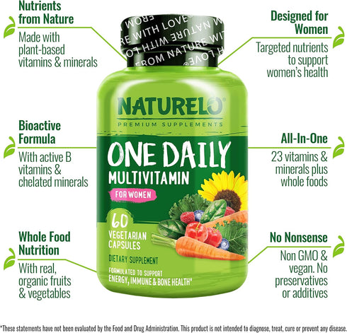 NATURELO One Daily Multivitamin for Women - Energy Support, Whole Food Supplement for Hair, Skin, Nails (60 Capsules,