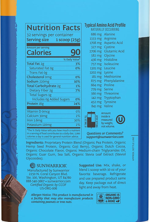 Sunwarrior Vegan Protein Powder - Chocolate, 32 Servings, USDA Organic, Keto Friendly, Non-GMO