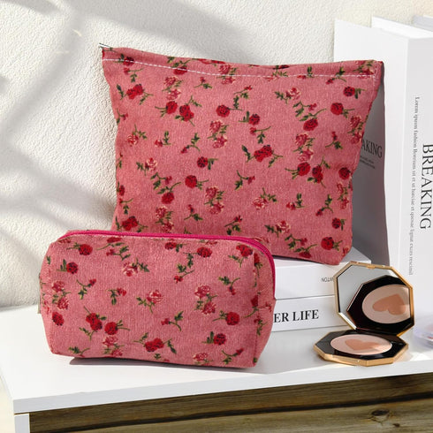 2 Pieces Red Rose Makeup Bag, Large Capacity Canvas Travel Toiletry Bag Organizer for Women