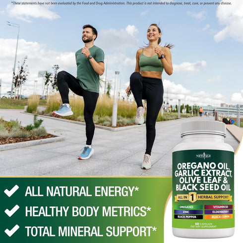 NEW AGE Oregano Oil 6000mg, Garlic Extract 4000mg, Olive Leaf 3000mg with Astragalus - Immune Support Supplement