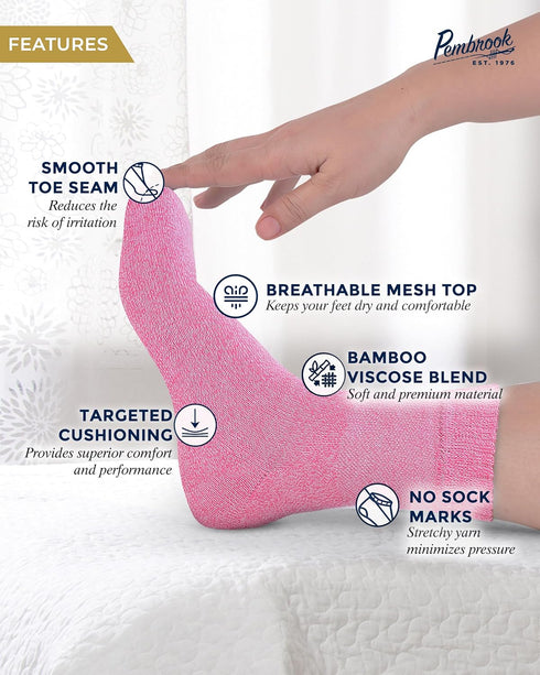 Pembrook Bamboo Viscose Diabetic Socks, 6 Pairs Ankle Socks for Swollen Feet, Neuropathy, Wide Calf and Ankle Socks