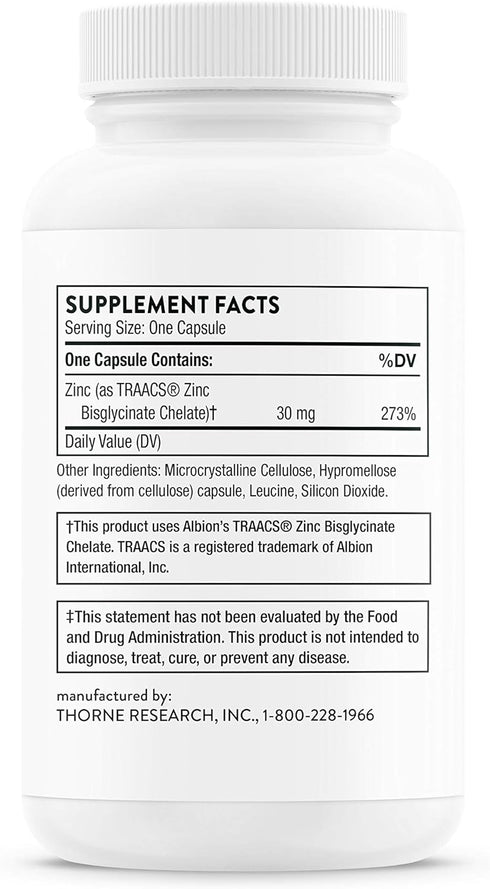 Thorne Zinc Bisglycinate 30mg - Daily Support for Skin, Eye & Immune System Health, 60 Capsules