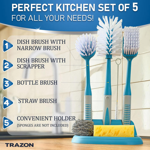 Set 5 Dish Brush of with Convenient Holder, Bottle Water Brush, Dish Scrub Brush, Scrubber Brush and Straw Brush