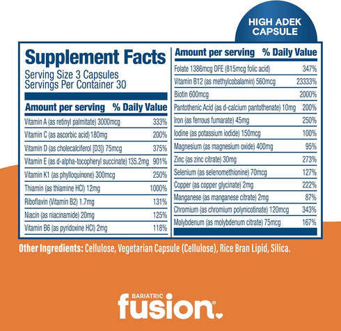 Bariatric Fusion High ADEK Multivitamin with Iron - Easy to Swallow Vitamins for Duodenal Switch, 90 Capsules