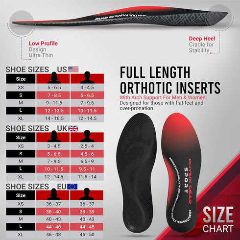 Physix Gear Orthotic Insoles for Men & Women - Arch Support Inserts for Plantar Fasciitis Comfort, Red/Black, S