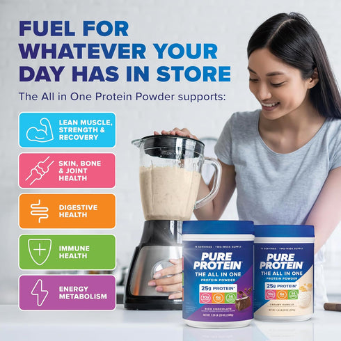Pure Protein All-in-One Powder, Vanilla - Whey & Collagen, High Fiber, Non-GMO, Gluten-Free, 1.25lb