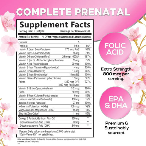 Hello Lovely! Women's Prenatal Multivitamin with Folic Acid + DHA, Prenatal Vitamins w/Folate, Omega 3, Vitamins D3, B6, B12 & Iron, Pregnancy Support DHA Supplement, Non-GMO - 60 Softgels
