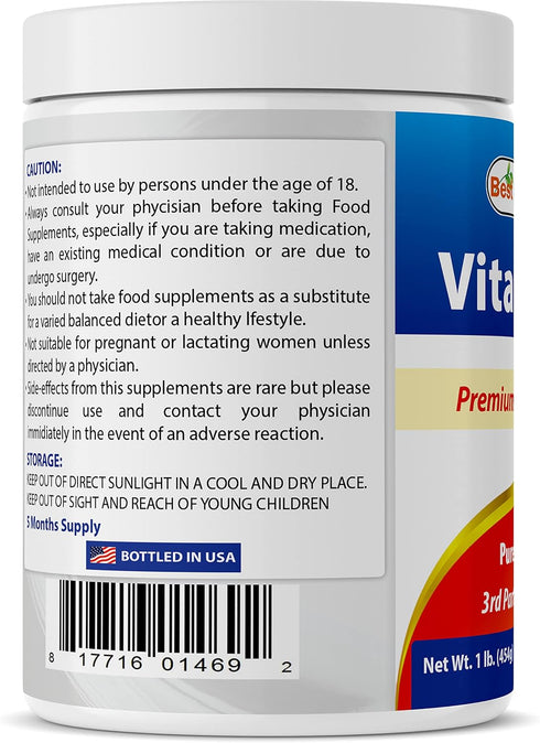 Best Naturals 100% Pure Vitamin C Powder, 1 lb (454 Grams) - Also Called Ascorbic Acid