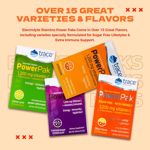 Trace Minerals Power Pak Sugar Free Electrolyte Powder Packets | 1200 mg Vitamin C, Zinc, Magnesium | 30 Packets,