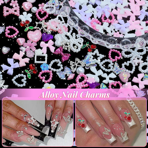Variety 3D Nail Charms: Rhinestones, Butterfly, Star, Bowknot, Tiny Flower, Heart, Cherry for Manicure DIY Accessories