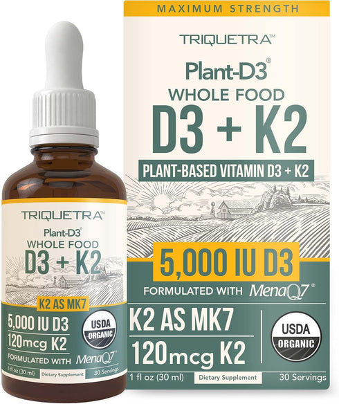 Organic Plant D3 + K2 (5000 iu D3) - 100% Organic & Plant-Based Sublingual D3 Drops (1oz)