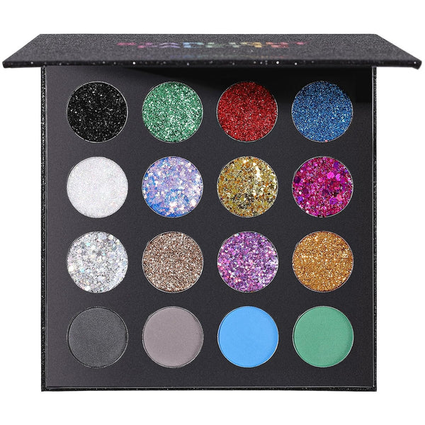 UCANBE Glitter Eyeshadow Makeup Palette - 12 Chunky & Fine Pressed Glitter + 4 Eye Shadow Powder for Theater Party