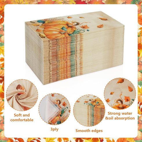 Homlouue 100 Pcs Fall Napkins, 3 Ply Thanksgiving Pumpkins Autumn Leaves Paper Guest Towels for Harvest Party