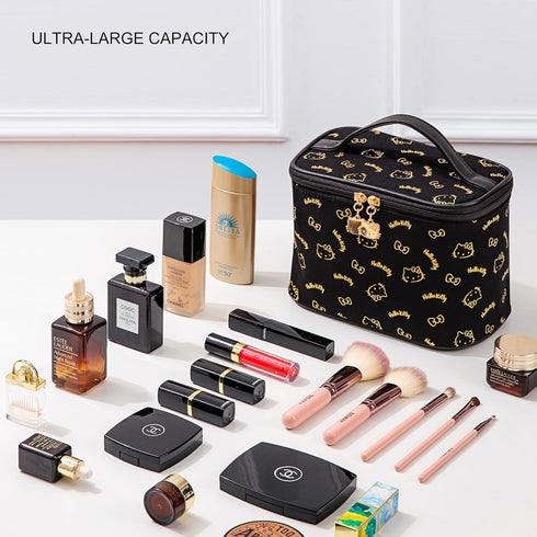Large Black Cosmetic Bag, Travel Makeup Organizer with Zipper and Handle for Women