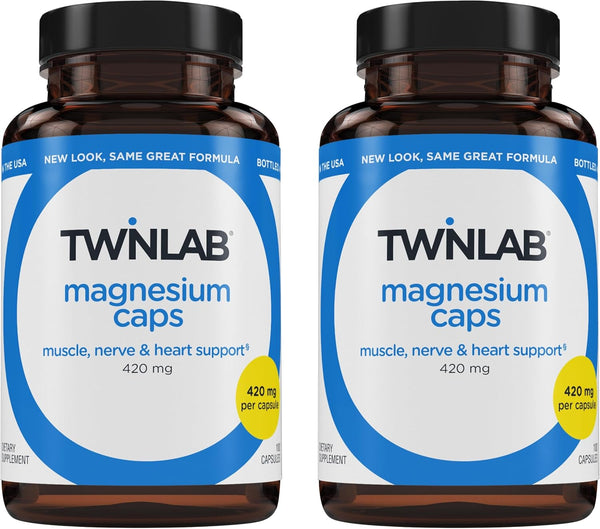 Twinlab Magnesium Caps - 420 mg High Absorption Magnesium Supplement for Leg Cramps Relief - 100 Count, 2 Pack