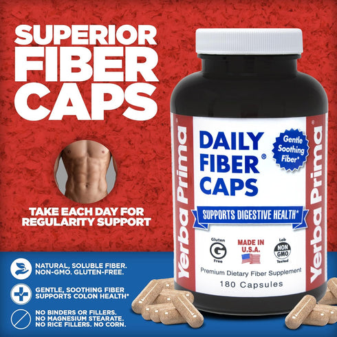 Yerba Prima Daily Fiber Formula - 180 caps (Pack of 2) - Soluble & Insoluble Dietary Fiber Supplement - Colon Cleanse - Gut Health - Vegan, Non-GMO, Gluten-Free