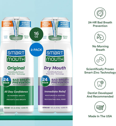 Immediate 16 oz SmartMouth Original & Dry Mouth Zinc Activated Mouthwash Bundle - Dry Mouth Relief - Instant Fresh