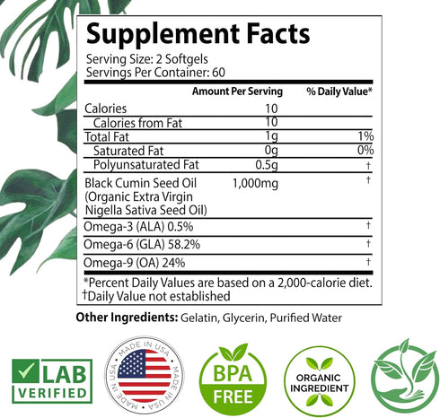 Organic High Potency Turkish Black Seed Oil Capsules, Cold Pressed, Non-GMO, 1,000mg Dose (120ct)