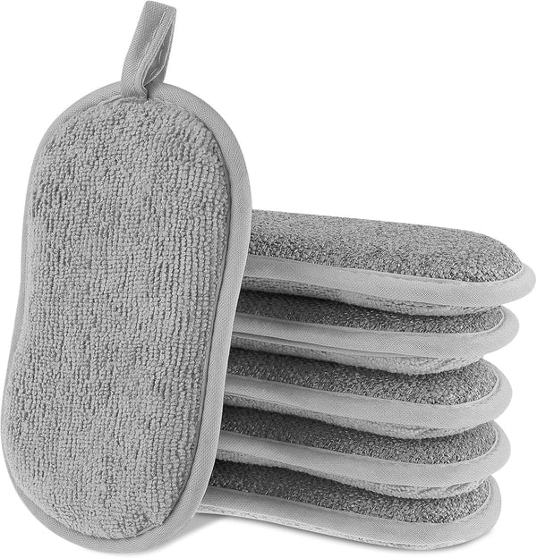 6 Pack Multipurpose Dish Scrubber Sponges | Non-Scratch Microfiber Side for Dishes, Rough Side for Non-Stick Cookware |