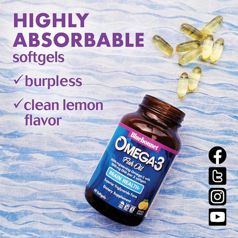 Bluebonnet Nutrition Omega-3 Brain Formula, DHA 1000 mg & EPA 210 mg, Natural Wild Caught, 120 Softgel