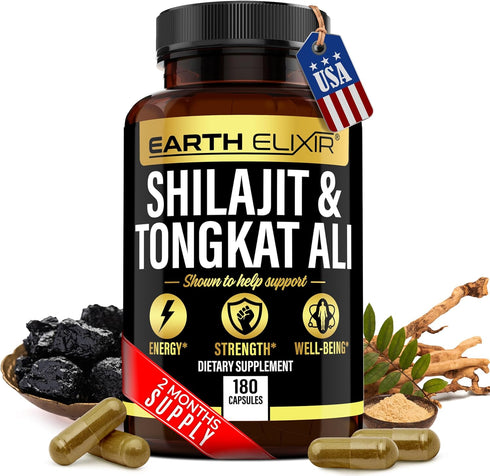 Shilajit 1000mg & Tongkat Ali 400mg - 180 Capsules, Made in USA, Pure Himalayan Organic Supplement