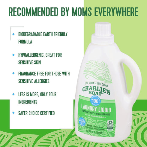 Charlie’s Soap Natural Deep Cleaning Laundry Liquid, 75.0 Fl Oz, 100 Loads, Hypoallergenic, Eco-Friendly Detergent