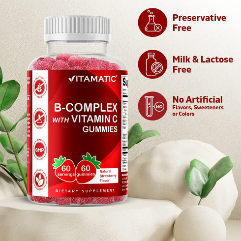 Vitamatic Vitamin B Complex Gummies, 60 Strawberry Flavor Gummies with Vitamin C & Inositol