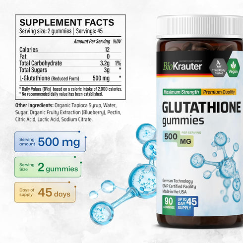 L-Glutathione Gummies 500 mg, Organic Reduced Glutathione Supplement for Liver Detox, Immune and Skin Support, 90 Vegan
