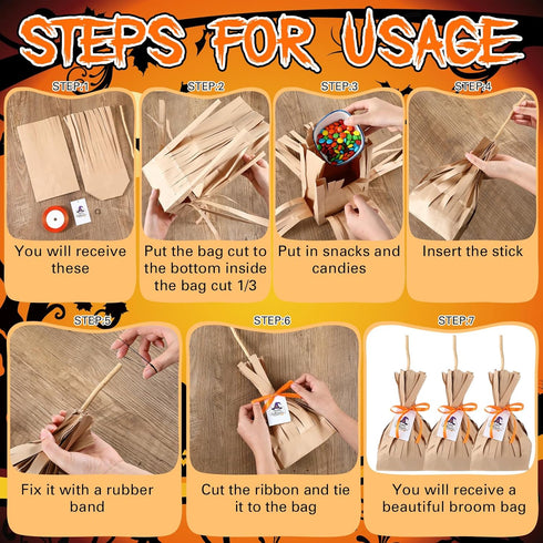 Watersay 24 Set Halloween Treats Bags, DIY Witch Broom Bag with Orange Ribbon for Halloween Party Decorations