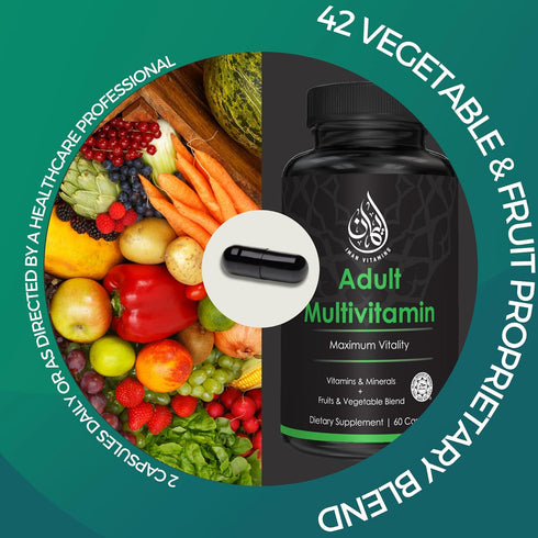 Halal Complete Multivitamin Capsules for Adults Men & Women | 60 Count | 42 Fruit & Vegetable Blend with Iron, Zinc