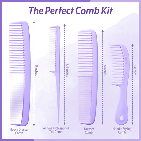 Mars Wellness 4 Piece Professional Comb Set in Lavender - Fine Pro Tail Combs for Men and Women