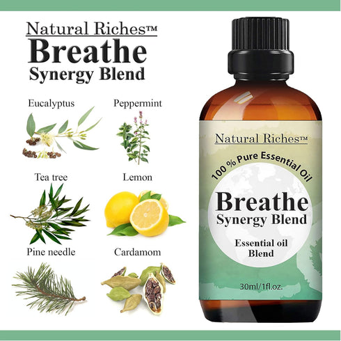 Natural Riches Breathe Essential Oil Blend, Peppermint Eucalyptus Tea Tree Lemon Cardamom Pine Needle - 30 ml