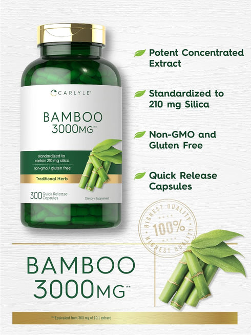 Carlyle Bamboo Extract Capsules, 3000mg | 300 Count | 210mg Silica | Non-GMO, Gluten Free Supplement