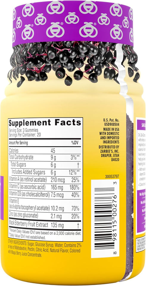 Zarbee's Elderberry Gummy Daily Immune Support Supplement, 60 Count, Vitamins A, C, D, E & Zinc, Natural Berry Flavor