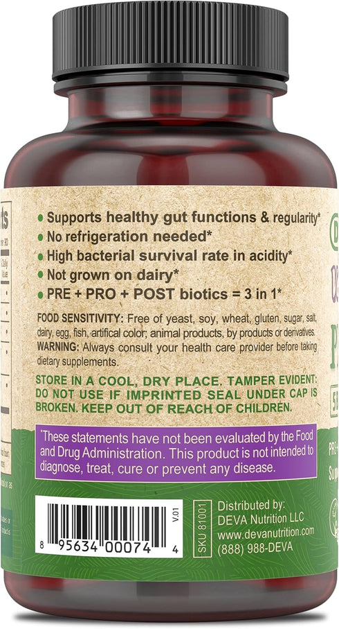 DEVA Vegan Probiotic Supplement, 5 Billion CFU, 90 Count for Digestive Health, Soil-Based & Dairy Free