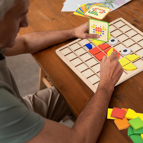PHIELEY 96 Activities for Dementia Patients, Pieces Wooden Puzzle Games for Seniors, Colorful Shape Pattern Alzheimers