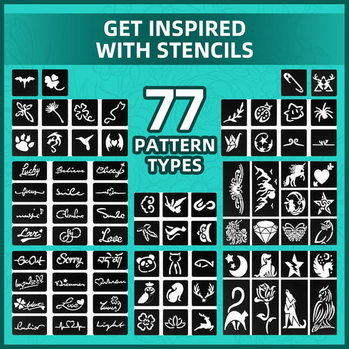 Temporary Tattoo Markers for Skin, 16-Count Body Markers + 77 Large Tattoo Stencils, Flexible Brush Tip, Skin-Safe