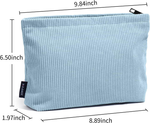 MAANGE Cosmetic Bags for Women, Small Makeup Bag for Purse, Blue Corduroy Makeup Pouch with Metal Zipper for Travel