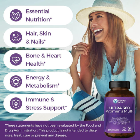 Vitamin World Ultra 360 Multivitamin for Women, with Herbs & Collagen for Hair, Skin & Nails, 180 Caplets