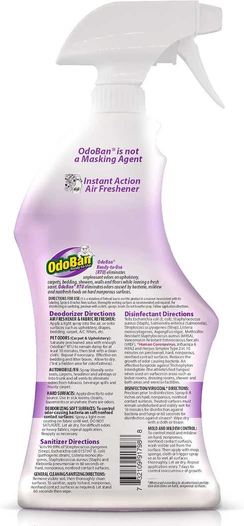 Set 2, 32 oz 1 OdoBan Ready-to-Use Disinfectant and Odor Eliminator, Made in the USA, Lavender Scent, of Spray