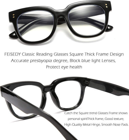 FEISEDY Retro Square Thick Big Frame Blue Light Blocking Reading Glasses, Anti Glare Reader B2523
