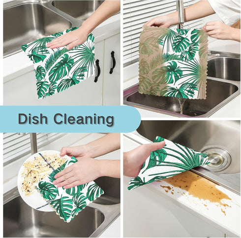 SUABO Monstera Palm Tree Leaf Kitchen Towels, 6 Pack Reusable Cleaning Dish Cloths for Kitchen