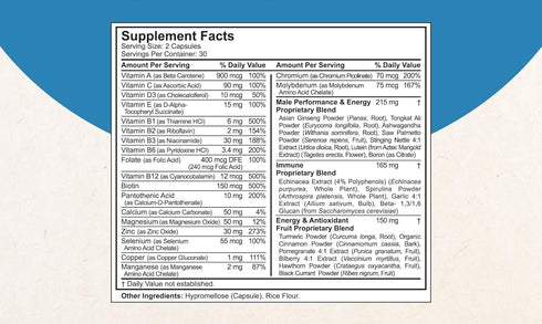 38-in-1 Capsules with Asian Ginseng, Ashwagandha, Turmeric, Vitamins, Minerals, Immune Support - 60 Capsules