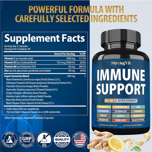 Immune 12 1 D3, Immune StrongVit Support Supplement in Complex with Vitamin C, Zinc, Echinacea, Elderberry, Ginger