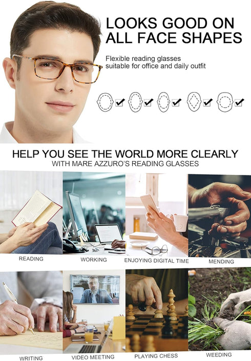 MARE AZZURO Flexible Reading Glasses Men, Lightweight Readers 1.0 to 6.0, Tortoise Color (1.00)