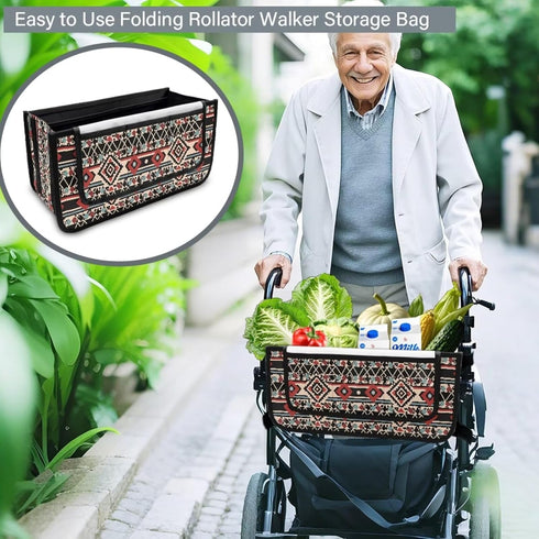 Hechitok Tribal Stripe Walker Bag, Handy Rollator Basket Water Cup Holder, Walker Accessories Storage Bag for Folding