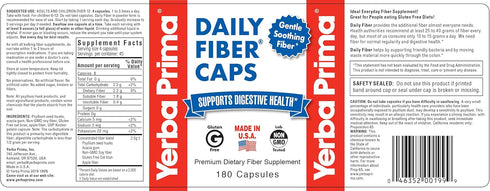 Yerba Prima Daily Fiber Formula - 180 Caps (Pack of 2), Soluble & Insoluble Dietary Fiber Supplement