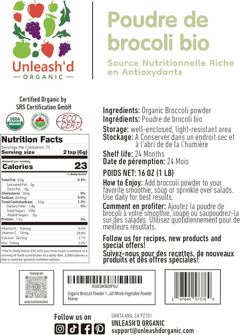 UNLEASH'D ORGANIC 16 oz 100% Unleashd Organic Broccoli Powder Pure Organic Superfood, Raw, Vegan, Non-GMO, Fiber