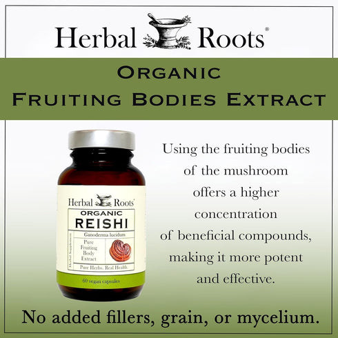 Immune 60 Herbal Roots Organic Reishi Mushroom Capsules - Made with Fruiting Bodies - Support Energy, Vitality, & Heart